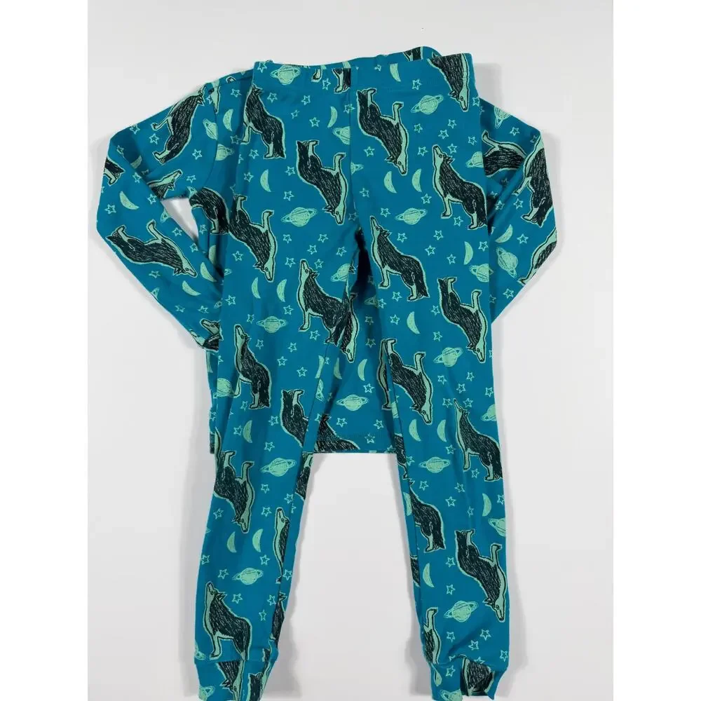 Tea Collection Glow in the Dark Wolf Space Long Sleeve Pajamas Blue Size 7